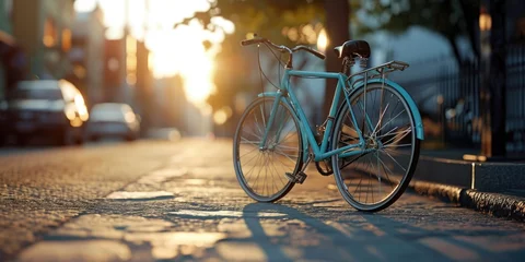 Foto op Canvas A blue bicycle parked on the side of a street. Suitable for urban transportation and city scenes © Vladimir Polikarpov