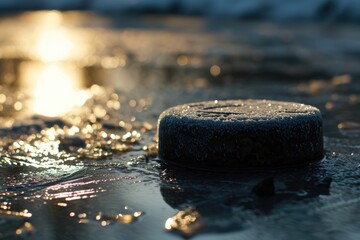 A detailed view of a puck of ice resting on a wet surface. Suitable for various uses