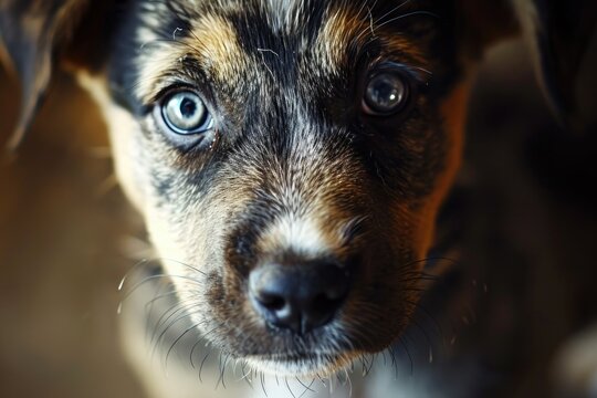 A close up view of a dog's face with striking blue eyes. This image can be used to depict the beauty and uniqueness of a dog's eyes in various contexts