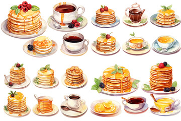 Soft Drinks Iced Tea Coffee Milkshakes Pancakes Hash Browns Ice Cream Cones Milkshakes Apple Pie Fish Veggie Ham Cheeseburger Fried Chicken Tenders Chili Dog Fish Sandwich png background Generative Ai