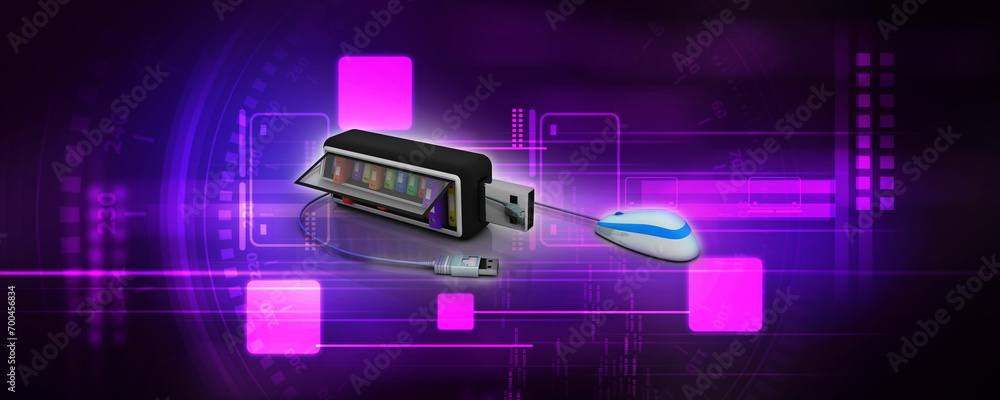 Poster 3d rendering office document binder with pen drive connected mouse