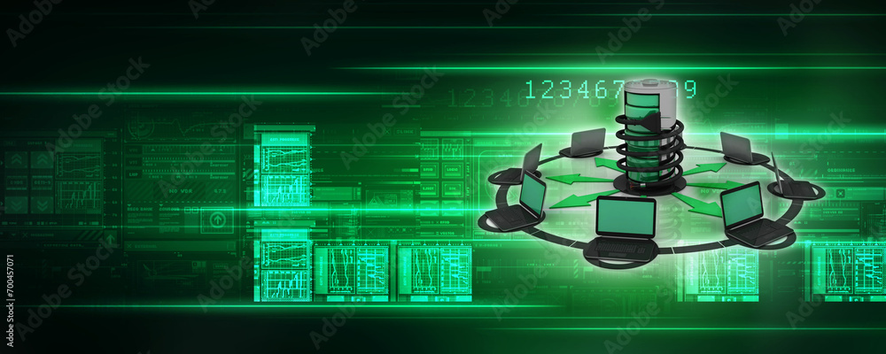 Poster 3d rendering technology computer network with battery near aux cable