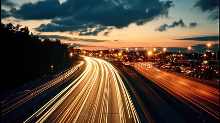 Fototapeta na wymiar Streaking time lapse light on an interstate highway. Generative AI.