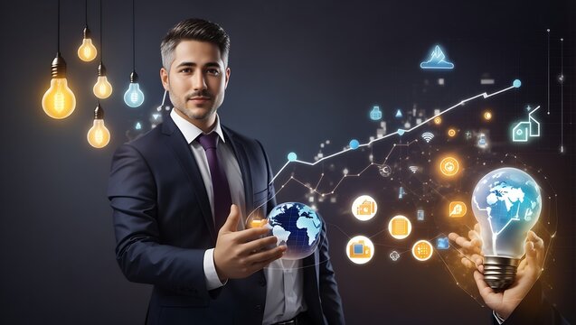 "Innovative Vision: Businessman Holds Creative Light Bulb Amidst Growth Graph and Banking Icons, Spearheading Financial Innovation for Developing New Products and Services, Enhancing Success and Profi