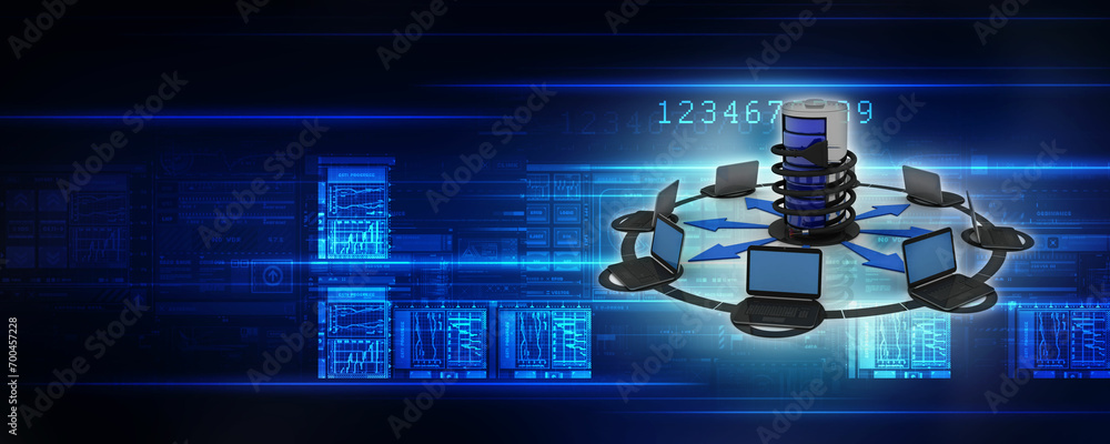 Poster 3d rendering technology computer network with battery near aux cable