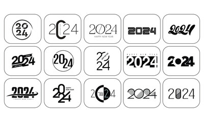 Big Set of 2024 number design template. 2024 Happy New Year logo text design. Christmas collection of 2024 Happy New Year. Vector illustration 2 with color & black labels logo for diaries, calendars