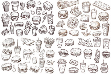 Soft Drinks Iced Tea Coffee Milkshakes Pancakes Hash Browns Ice Cream Cones Milkshakes Apple Pie Fish Veggie Ham Cheeseburger Fried Chicken Tenders Chili Dog Fish Sandwich png background Generative Ai