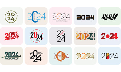 Big Set of 2024 number design template. 2024 Happy New Year logo text design. Christmas collection of 2024 Happy New Year. Vector illustration 2 with color & black labels logo for diaries, calendars