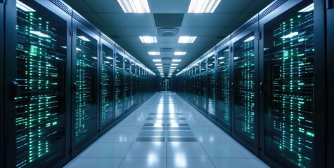 A state of the art data center with rows of server racks, Cooling systems. Generative AI.