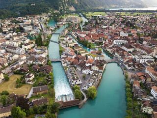 Aerial view over the city of Interlaken in Switzerland. Interlaken is one of most popular recreation and tourist destinations.