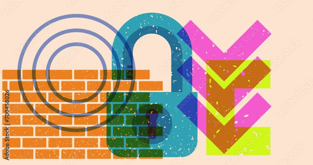 Poster risograph padlock with geometric shapes animation. moving object in trendy riso graph design video.