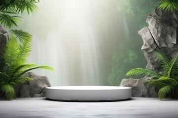 Tranquil Wilderness: Podium Stone in Lush Green Rainforest with Waterfall