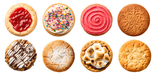 Collection of round cookie cookies biscuit, flavour rainbow frosting icing set, on transparent background cutout. PNG file. Many assorted different flavour. Mockup template for artwork design
