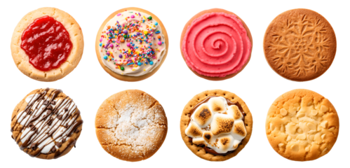 Collection of round cookie cookies biscuit, flavour rainbow frosting icing set, on transparent background cutout. PNG file. Many assorted different flavour. Mockup template for artwork design