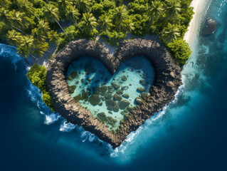 Aerial view of a heart-shaped island with lush palm trees and turquoise waters. Unique geography concept. Generative AI