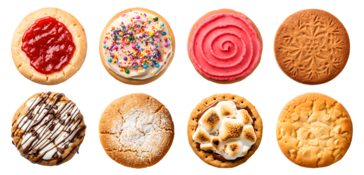 Collection of round cookie cookies biscuit, flavour rainbow frosting icing set, on transparent background cutout. PNG file. Many assorted different flavour. Mockup template for artwork design