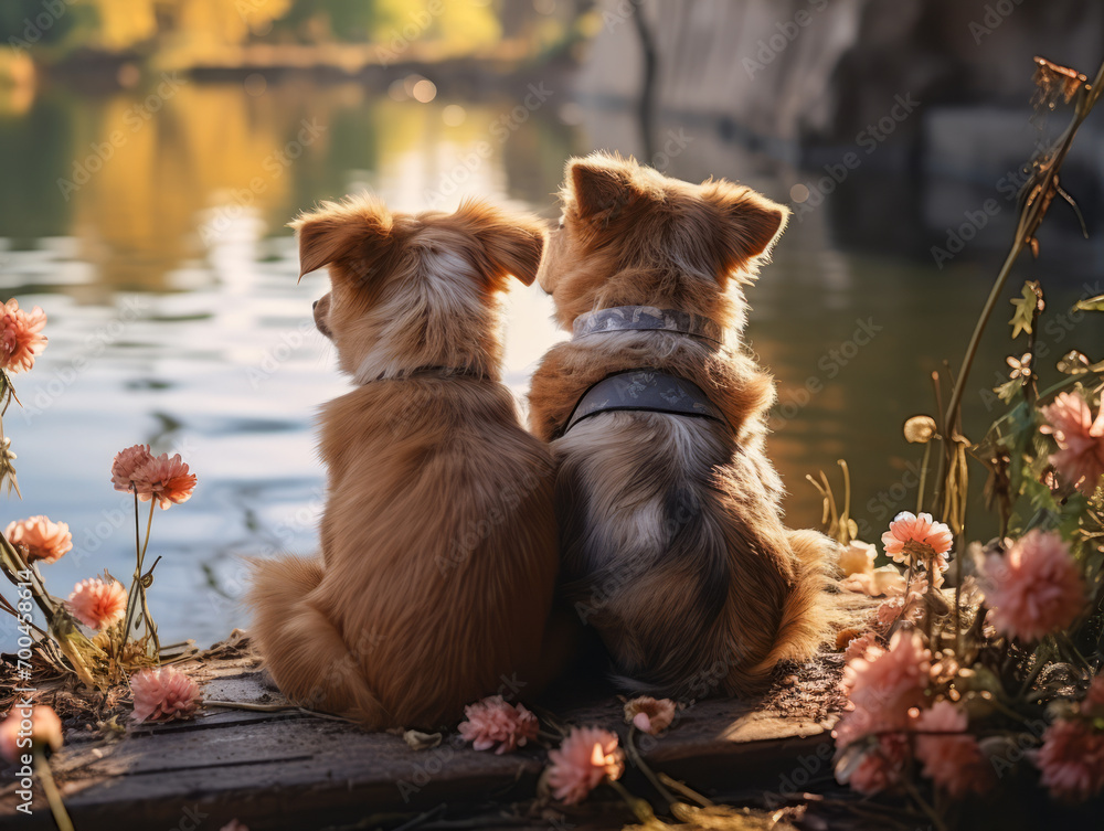 Wall mural back view of two corgis on a dock, gazing at a peaceful pond at sunset. companionship concept. gener