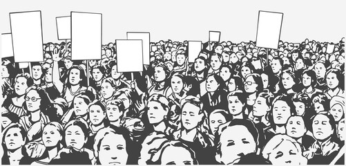 Black and white illustration of demonstrating crowd - obrazy, fototapety, plakaty