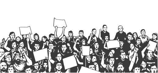 Black and white illustration of demonstrating crowd - obrazy, fototapety, plakaty