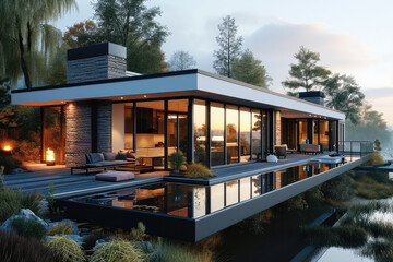 One-storey modern house with a flat roof, Panoramic windows. Generative AI. - obrazy, fototapety, plakaty