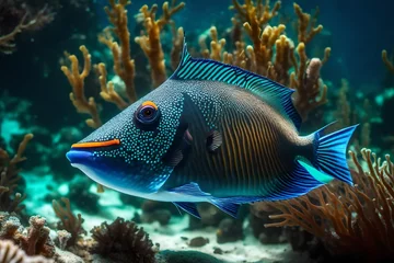 Fotobehang Picasso's spiny Triggerfish (Lat. Rhinecanthus aculeatus) with bright eyes and a beautiful muzzle against the background of the seabed. Marine life, exotic fish, subtropics © Sajjad