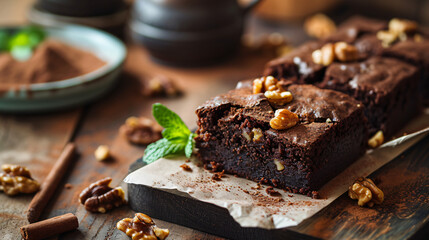 Isolated hot chocolate brownie with walnuts