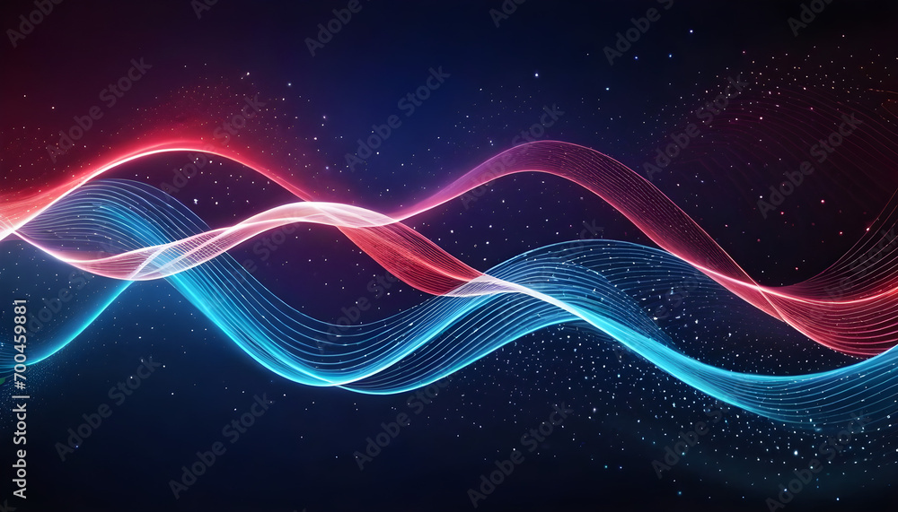Poster digital light blue and light red particles wave and light abstract background with shining dots star