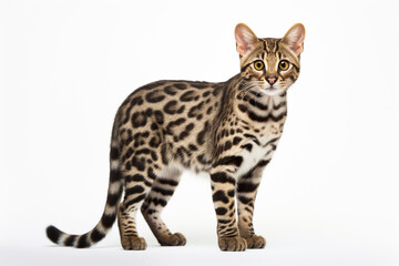  Leopard Cat standing on a white background. Animal right-side portrait.