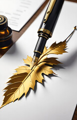 fountain pen and ink with leaf