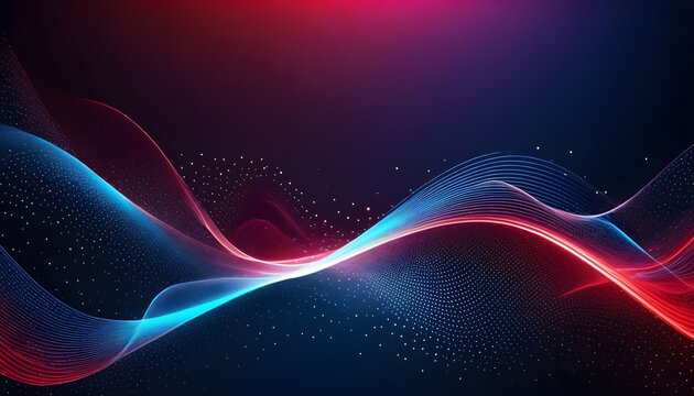 Digital light blue and light red particles wave and light abstract background with shining dots stars.