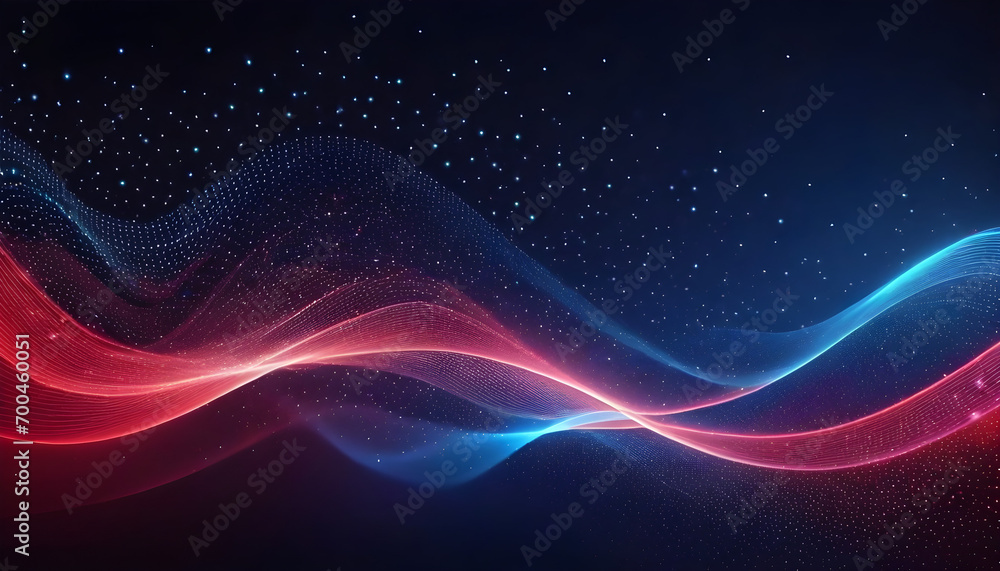 Poster digital light blue and light red particles wave and light abstract background with shining dots star