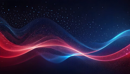 Digital light blue and light red particles wave and light abstract background with shining dots...