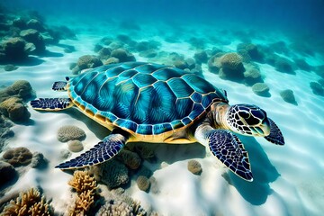 Sea turtle in the shallow vivid blue ocean with sandy seabed. Swimming aquatic wild animal, underwater photography from scuba diving with the sea turtles. Tropical marine life picture