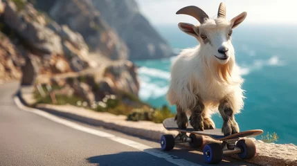  A cute white mountain goat on a fast skateboard by the seaside. Generative AI. © visoot