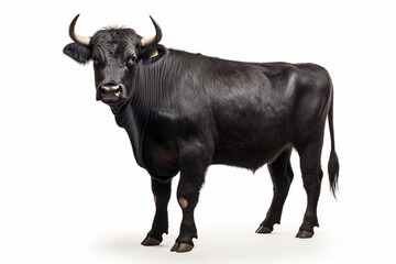 Black Angus cattle standing on a white background. Animal left-side portrait.