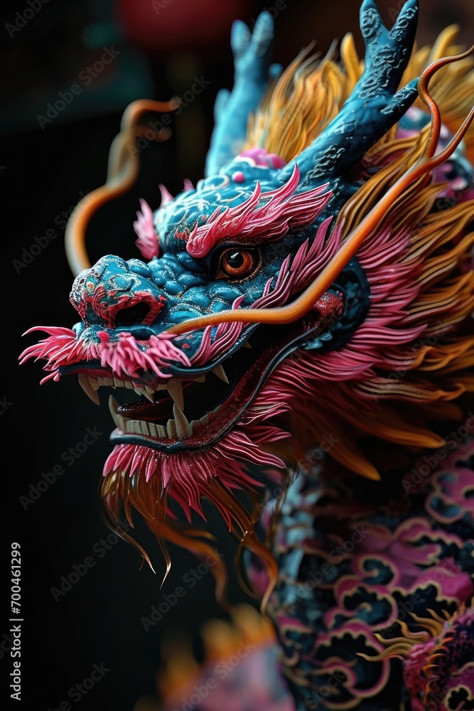 Sticker Portrait colorful pink Chinese dragon. Generative AI.