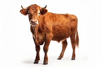 Gelbvieh Cattle standing on a white background. Animal left-side portrait.