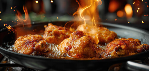 Frying chicken in frying pan. Generative AI. - obrazy, fototapety, plakaty