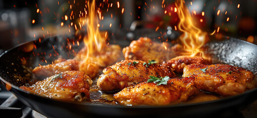 Frying chicken in frying pan. Generative AI. - obrazy, fototapety, plakaty