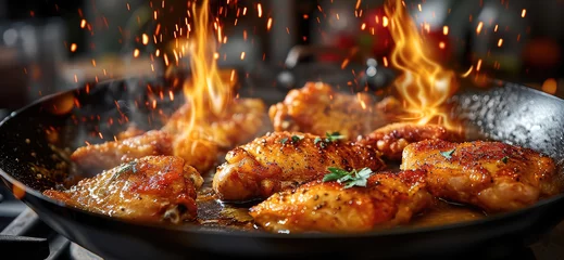 Keuken spatwand met foto Frying chicken in frying pan. Generative AI. © visoot