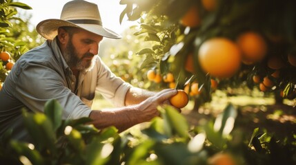 Adult male farmer at orange garden picking up orange crop - obrazy, fototapety, plakaty
