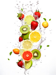 Fruit and vegetables in water on white background being washed before becoming healthy food