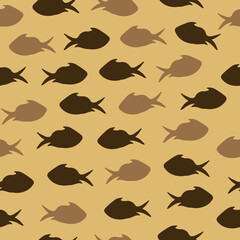 Seamless Pattern with Brown Fish Silhouettes on Light Background.