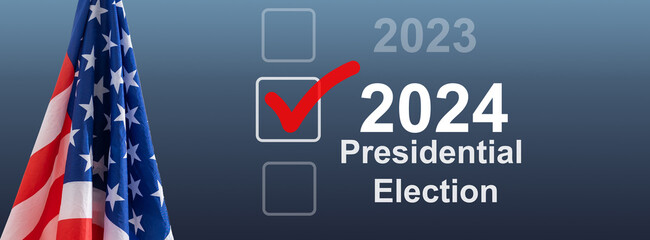 Presidential elections in America. The inscription Vote and 2024 on the background of the American flag. 3D render.