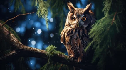 Keuken foto achterwand An owl stands on a tree branch at night © Fly Frames