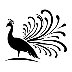 minimal peacock bird vector silhouette, black color silhouette, white background