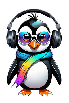 Cute penguin wearing winter hat and scarf with headphone illustration on transparent background 