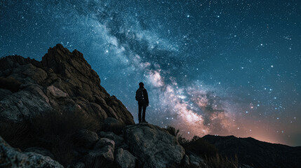 Obraz premium Silhouette traveler standing on top of stone mountain formation admiring majestic night starry milky way sky 
