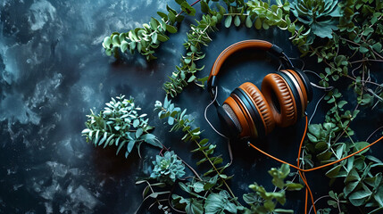 Leather headphones and decorative plants isolated on gray table - obrazy, fototapety, plakaty