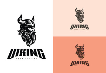 Viking logo design. Nordic warrior symbol. Horned Norseman emblem. Barbarian man head icon with horn helmet and beard. - obrazy, fototapety, plakaty